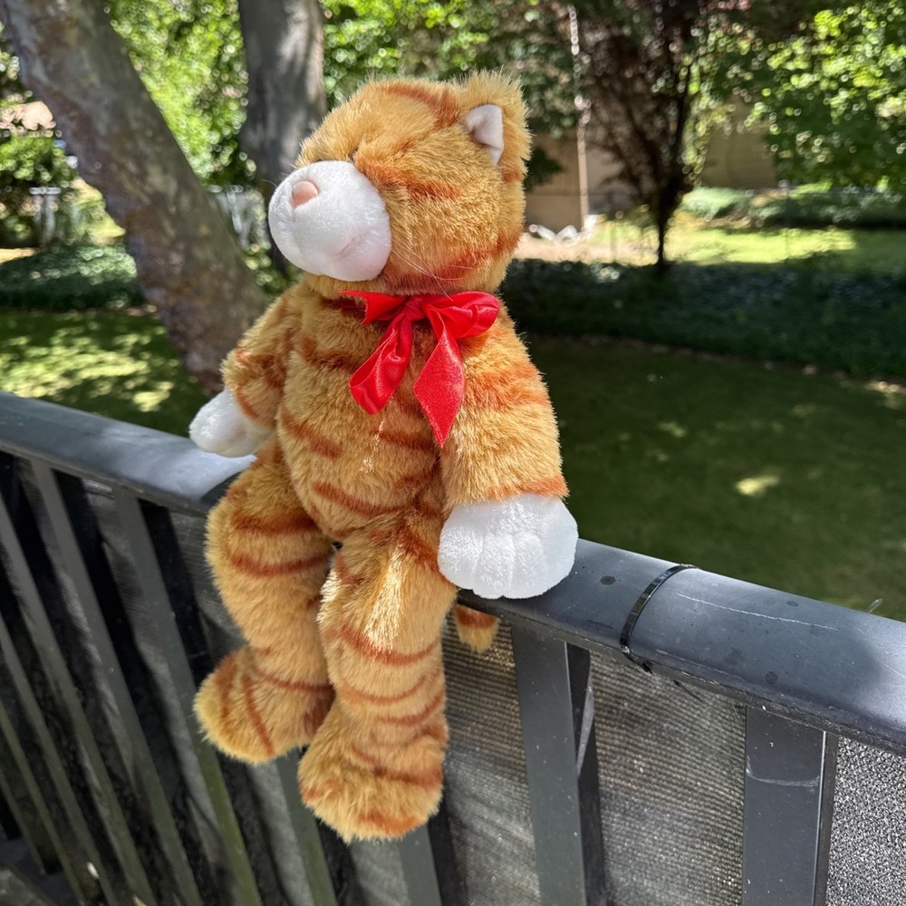 Build A Bear Retired Cat Plush Orange Striped Tabby Kitty 18" Brown Eyes Red Bow - Picture 3 of 7